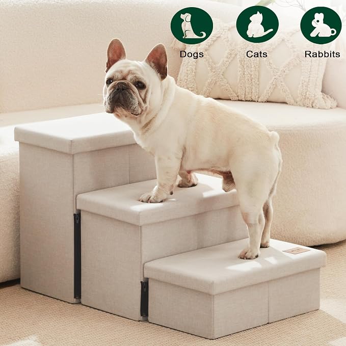 Love's cabin Dog Stairs for High Bed, Foldable Pet Stairs for Small Medium or Large Dogs Puppy with Storage for Bed or Couch, Cat Dog Steps Ramp with Zip up to 200 lbs, Beige, 3 Steps