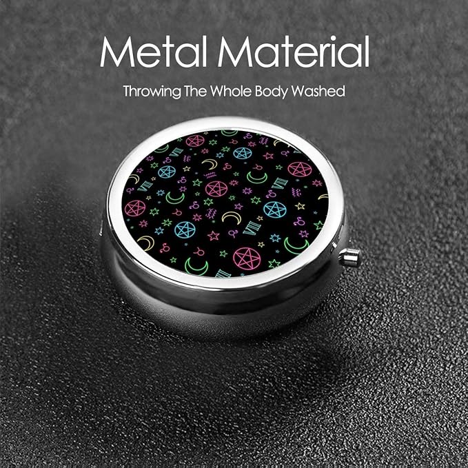Purse Pill Organizer, Round Portable Case, Waterproof Holder for Vitamins, Mini Travel Box for Urban Commuters, Witch Magic Sun Moon Star Alchemical Cosmic Signs Witchcraft
