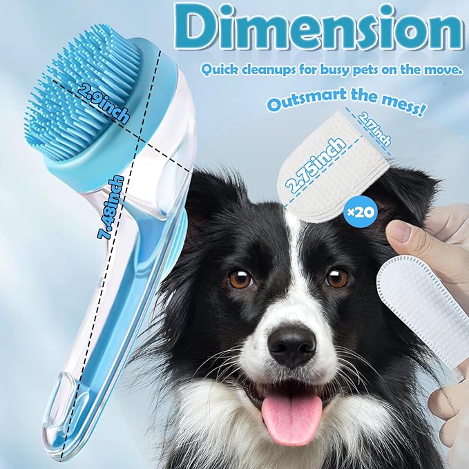Dog Bath Brush with Shampoo Dispenser - 4-in-1 Pet Bath Brush & Grooming Kit, Dog Shampoo Brush, Includes Silicone Scrubber Pet Shower Brush, Compressed Towel, Wipes & Tablets for Cat Shower
