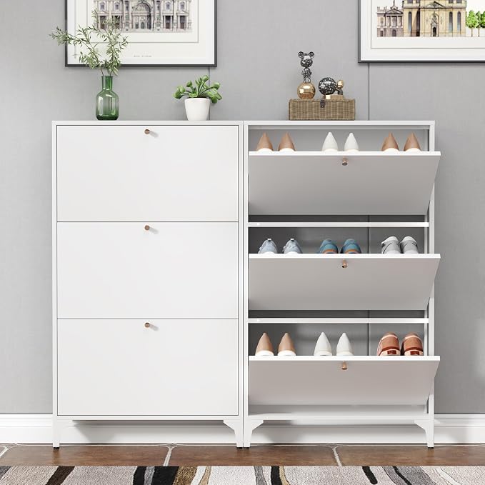 Shoe Cabinet with 3 Flip Drawers, Narrow Shoe Storage Cabinet, Farmhouse Shoe Organizer, Freestanding Organizer with Metal Legs for Entryway, Foyer (White, 3 Door)
