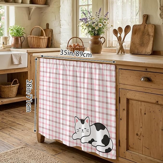 Cute Cat Oven Skirt Curtain for Kitchen Decor 28"x35", Pink Brown Checked Modern Pet Cats Rustic Self Adhesive Stove Curtains Skirt Cabinet Curtains for Bathroom Laundry Room