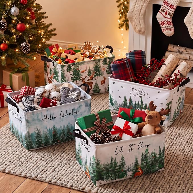 4 Pcs Christmas Storage Basket for Gifts Empty Large Christmas Forest Elk Storage Bins 15 x 10 x 8 Fabric Laundry Baskets with Handle Winter Wonderland Collapsible Organizer Boxes for Toy Book