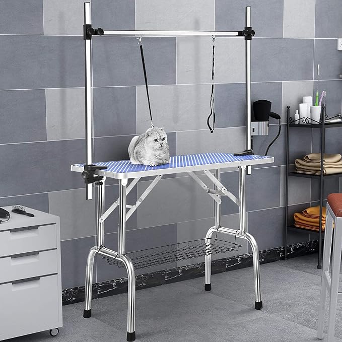 Pet Dog Grooming Table, Adjustable Large Heavy Duty Professional Foldable Trimming Stage with Arms, Noose, Mesh Tray, Maximum Capacity Up to 330LBS, 46''/Blue