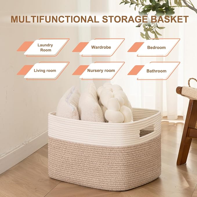Blanket Basket, Cotton Rope Woven Storage Basket for Living Room, Toy Bin for Kids, Nursery, Baby Room Decorative Organizer, 18''×14''×12'', Brown & White