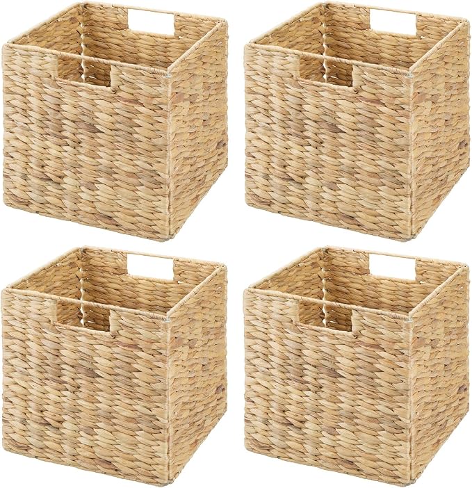 mDesign Natural Woven Hyacinth Cube Organizer Basket with Handles, Storage for Bathroom, Laundry Room Shelf or Nursery - Perfect for Cubby Storage Units - Hold Blankets and Books - 4 Pack, Natural/Tan