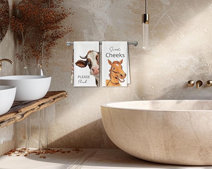 Kitchen Towels Set of 2, Farm Animal Dish Towel for Kitchen, Cow Horse Bathroom Decorative Hand Towels, Fast Drying Tea Towel with Slogans, Housewarming Gifts for Women Mom -B24
