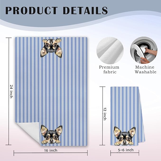 Blue and White Striped Chihuahua Dog Kitchen Towels, Chihuahua Gifts for Women Dish Tea Towels for Kitchen Decor, Dog Lovers Mom Dad Gifts Hand Towel for Bathroom Decor, 16x24 Inch