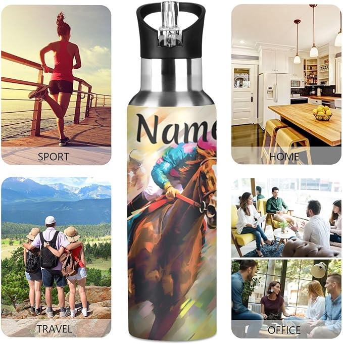 Custom Name Horse Racing Water Bottle with Straw Lid Kids Insulated Stainless Steel Water Flask Sports, 20 Oz Hot Cold