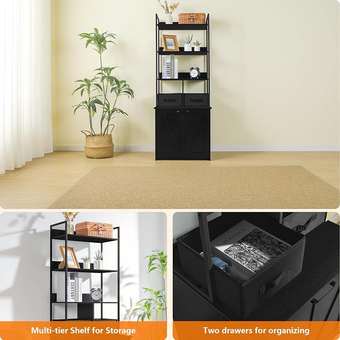 Dwanton Cat Litter Box Enclosure, 3 Storage Shelves and 2 Drawers, 61.8" H | 2-in-1 Hidden Cat Litter Box Enclosure Furniture with Shelf, Metal Frame, Reversible Entrance, Washable Drawers, Black