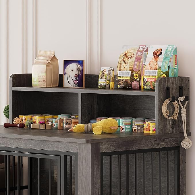 IRONCK 43.3" Extra Large Dog Crate Furniture with Storage Shelf | 10mm iron rods. Storage shelf and 4 hooks. 200 lb tabletop. 30"L x 43.3"W x 41.1"H indoor large crate