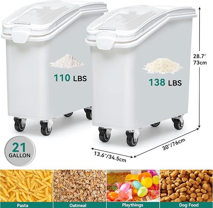 YITAHOME 21-Gallon Food Storage Container Bulk Flour Bin, Large Ingredient Storage Bin with Wheels, Measuring Cup & Scoop, for Kitchen/Dining Room, Commercial Rice Container, 2 count,White