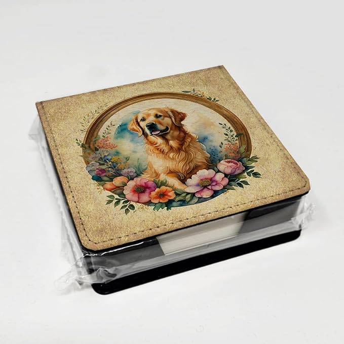 Caroline's Treasures Golden Retriever and Flowers PU Leather Note Paper Holder with Artist-Designed Cover, Desk Accessory, Office Gift