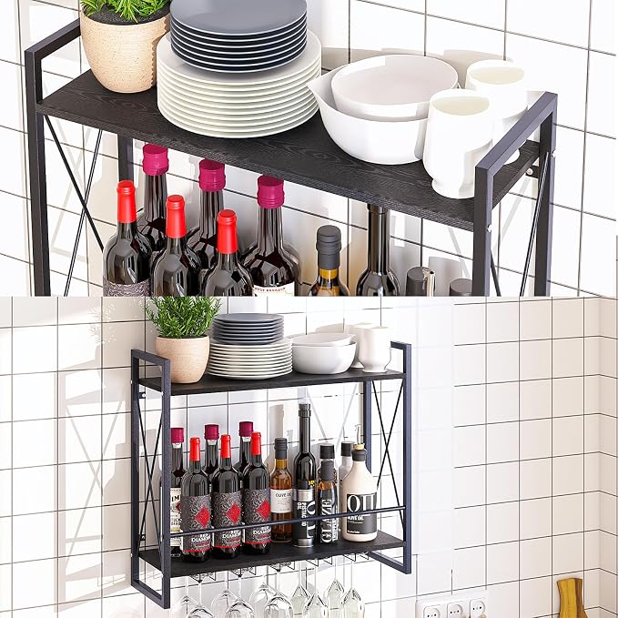 Dokser Wine Rack Wall Mounted 2 Tier Shelf Wine Bottle Holder for Kitchen | Black 2 Tier Wall Wine Rack with Rustic Wood & Industrial Iron Frame, Wine Bottle Holder for Dining Room, Home Bar Decor