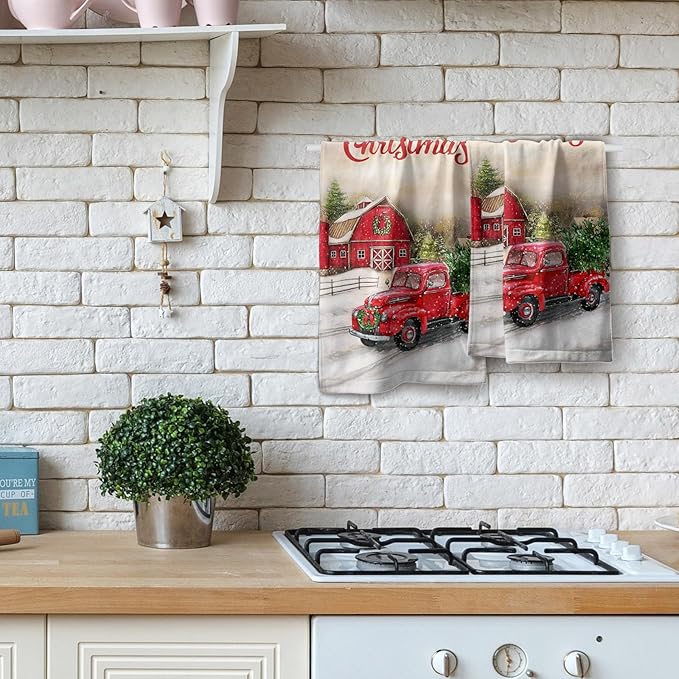 Giwawa Red Truck Hand Towels Christmas Holiday Soft Dish Towels Absorbent Quick Dry Face Fingertip Towels for Kitchen Bathroom Gym Sports