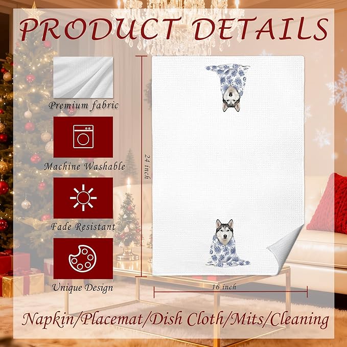 Blue Chinoiserie Siberian Husky Kitchen Towels 16x24 in, Gifts for Husky Lovers, Grandmillennial Floral Blanket Dog Decorative Hand Tea Dish Towels for Bathroom Kitchen