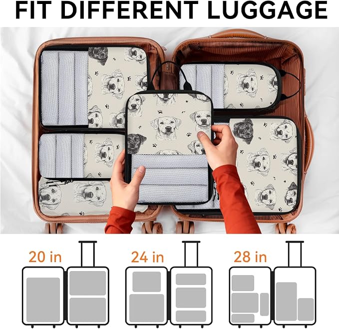 Puppy Dogs 6 Set Compression Packing Cubes | Paw Print Travel Accessories Expandable Packing Organizers Space Saver Bags for Organizing Clothes