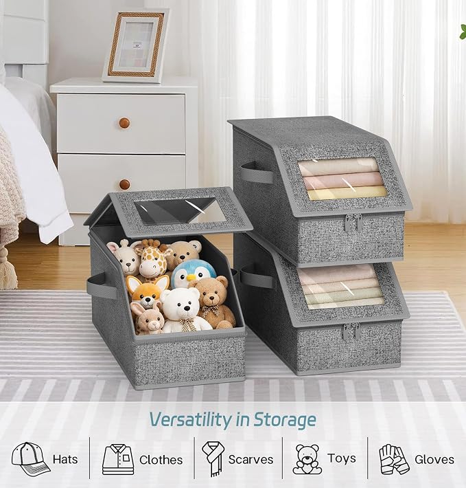 AOODA 3 Pack Stackable Hat Storage Box for Baseball Caps, Holds 36 Caps | Hat Organizer for Closet, Sturdy Hat Boxes for Men, with Cardboard, Space-Saving, Slate Grey