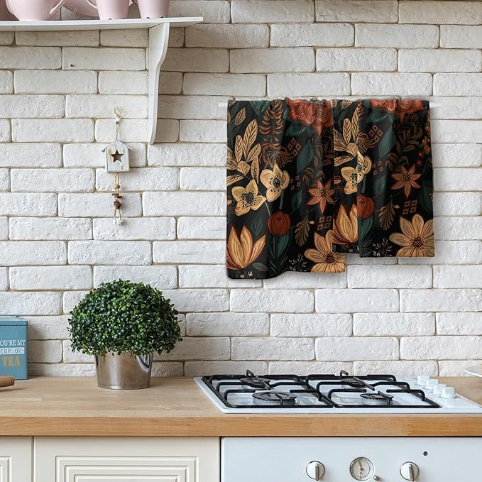 Giwawa Boho Floral Hand Towels Set of 2 Black Mid Century Fingertip Towel Absorbent Face Towel Soft Dish Towels for Gym Bath Kitchen Home Decor