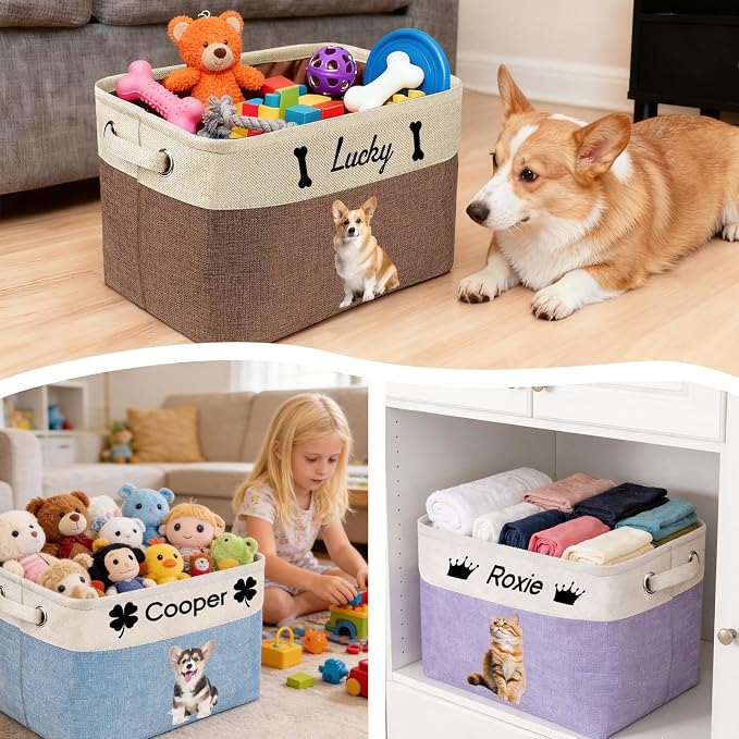 Personalized Dog Toy Storage Basket with Pet Name/Photo, Collapsible Custom Pet Storage Bin with Durable Handles, Large Capacity Organizer Box for Cat Toys
