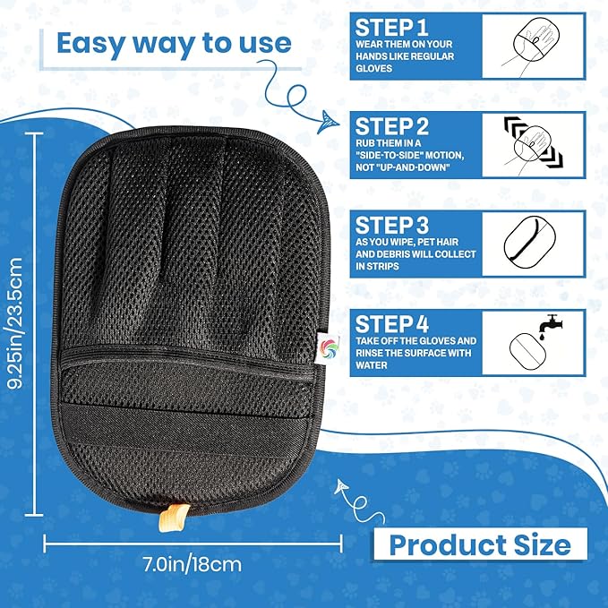 Pet Hair Removal Gloves for Dogs & Cats | Electrostatic Reusable Fur Remover Mitt for Furniture, Carpet & Clothes, Couch Car| Pet Fur Cleaning Tool with Carpet Scraper (Black - 2 Pcs)