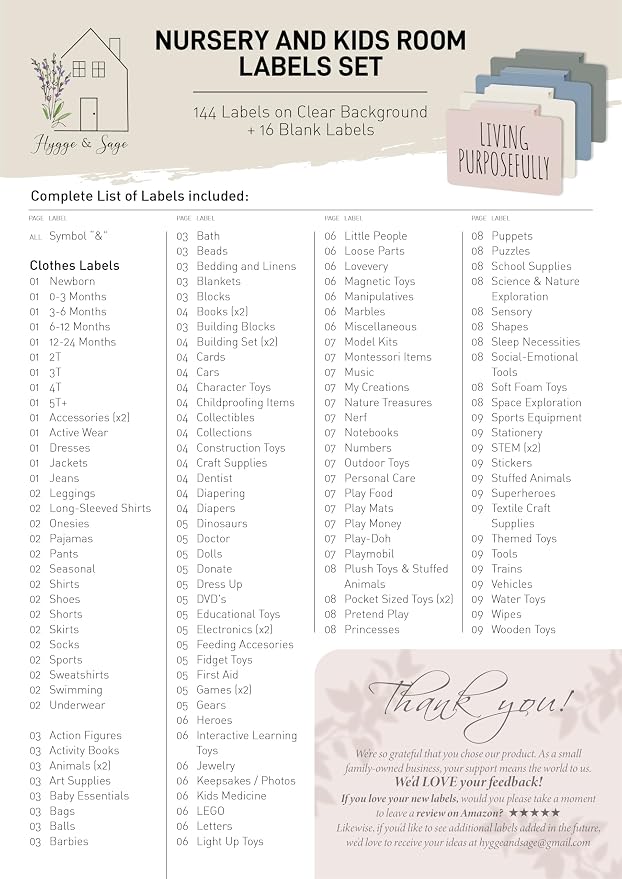 Hygge & Sage Nursery Organization and Kids Room Organization Label Stickers | 144 Clear Preprinted Stickers with Black Print | Easy to Remove Labels for Kids Playroom Storage or Nursery Storage