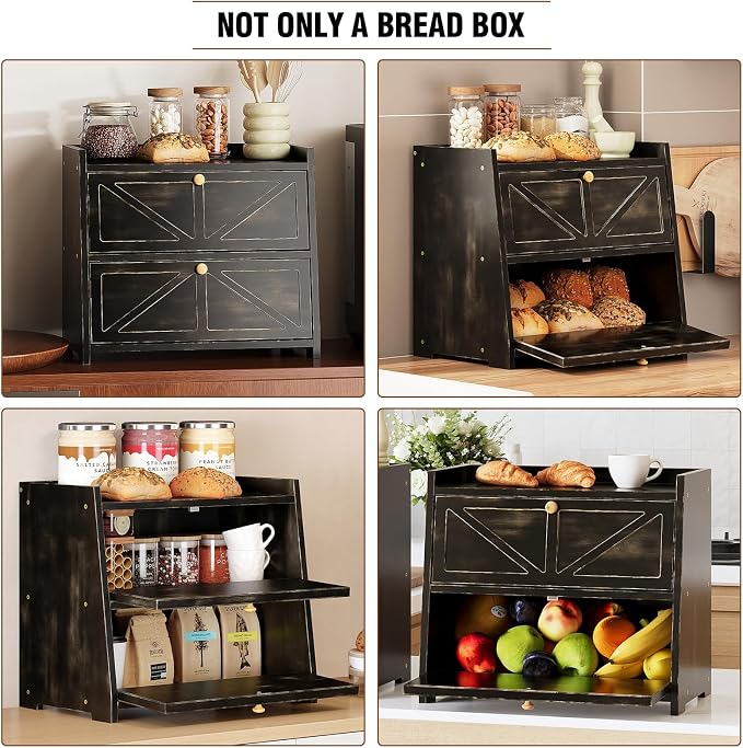Trironsun Vintage Double Layer Bread Box for Kitchen Counter Bamboo Bread Storage Container Large Capacity Bread Storage Bin (Antique Black)