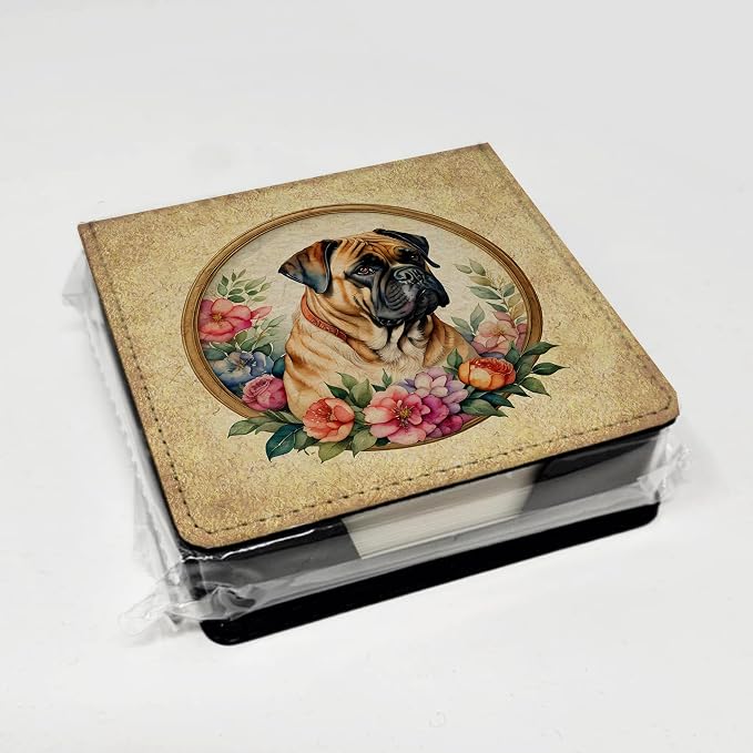 Caroline's Treasures Bullmastiff and Flowers PU Leather Note Paper Holder with Artist-Designed Cover, Desk Accessory, Office Gift
