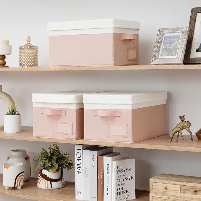 GRANNY SAYS Storage Bins with Lids, Decorative Storage Boxes with Lids | Storage Box with Dust Cover, Handles & Lable, Collapsible, Ideal for Closet Clothes Blanket Toys, Medium, White&Pink, 3-Pack