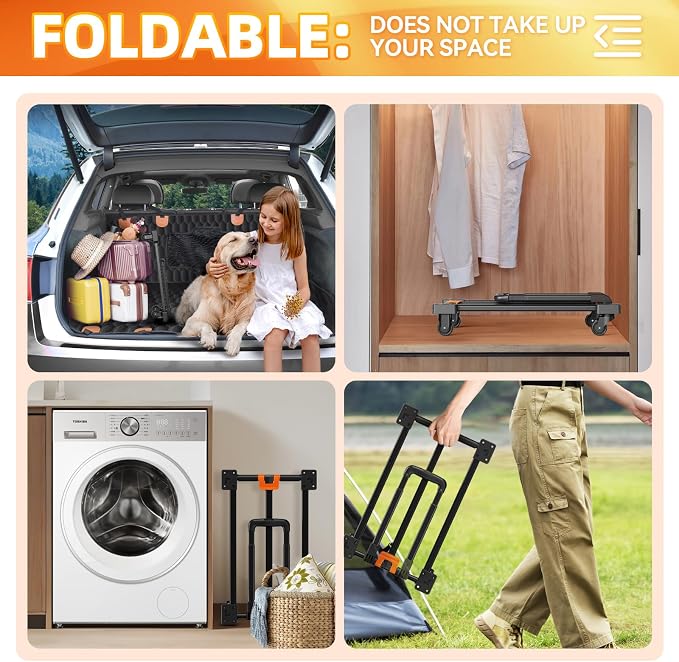 Folding Hand Truck Collapsible Crate Set, No Assembly Required 2 in 1 Utility Portable Rolling Crate Handcart with 4 Big Wheels & 2 Elastic Ropes & Removable Storage Crates (2.76 inches brakes wheels)