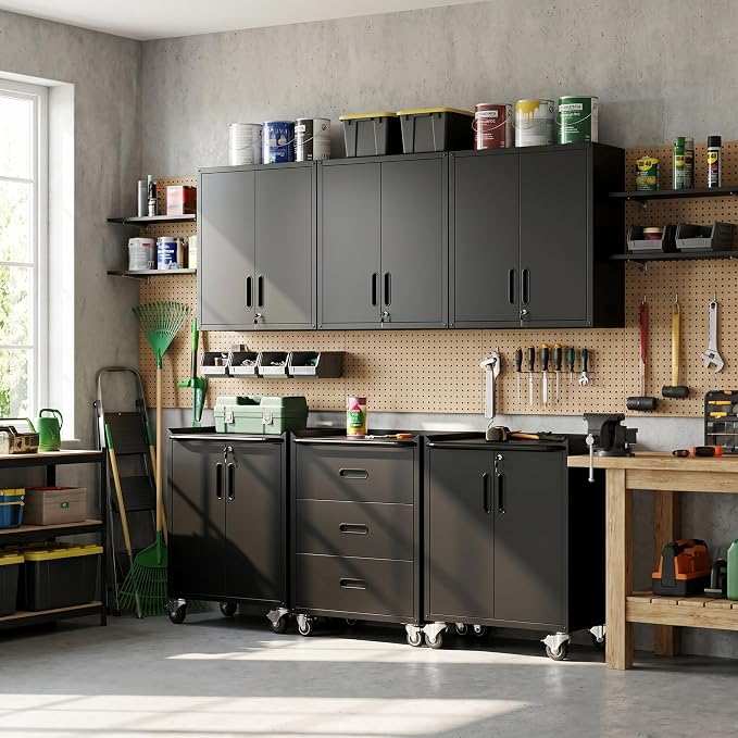 Garage Cabinet System | Heavy Duty Steel All-in-One Modular Garage Cabinet Set for Ultimate Workshop Organization | Easy Assembly Garage Storage Cabinets & Tool Bench