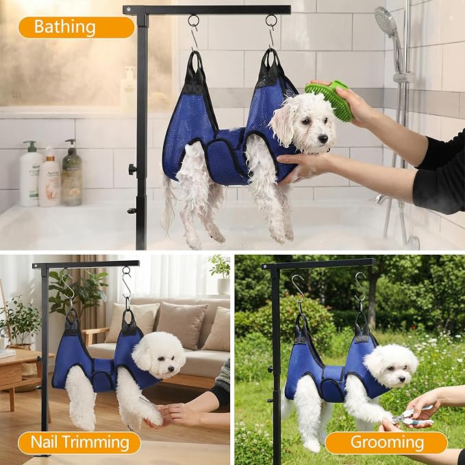 ondware Dog Grooming Arm with Hammock, Adjustable 27-37", Dual Clamp | Thickened base, fits tables up to 1.65", carabiner & S-hook, for small to medium dogs under 30 lbs