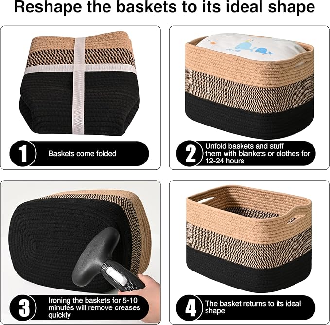 ICERZCZ Storage Baskets for Shelves Organizing, Woven Cotton Rope Baskets for Storage, Book Basket, Towel Basket, 12.5"Lx9.1''Wx7.9''H (4 Packs) Gradient Black & Jute