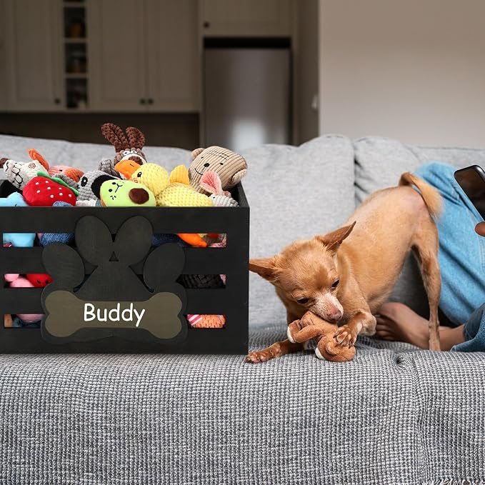Cinnvoice Large Dog Toy Basket Wood Dog Toy Bin Storage Baskets Box with Handles and Label Position Design Large Organizer with Paw Pattern Print for Pets Toys Food Blankets Clothes 18"x12"x10"