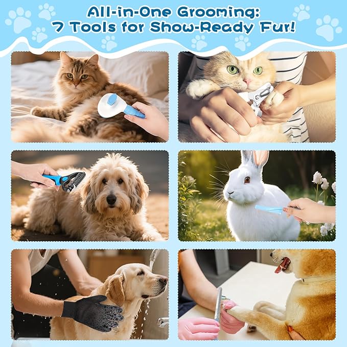 7-in-1 Pet Grooming Kit–Cat Brush,Dog Brush for Shedding,Double-Sided Flea Comb,Dog Nail Trimmers,Dog Bath Supplies–for All Cat and Small/Large Dog Shedding(Blue