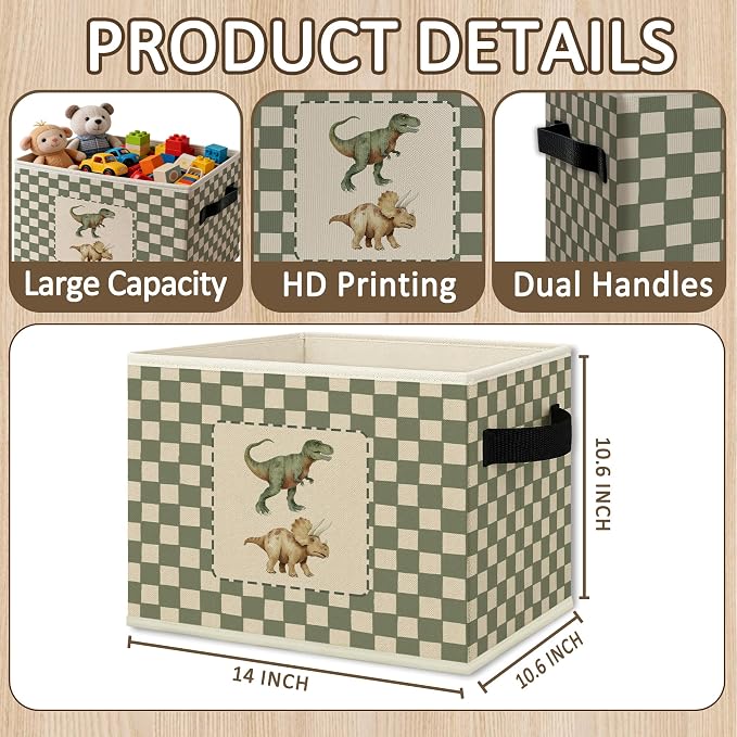 Kids Playroom Dinosaur Cube Storage Bins with Handles, Dinosaur Nursery Checkered Collapsible Fabric Storage Basket Boxes Books Clothes Organizer for Kids Boys Room Bedroom Bathroom
