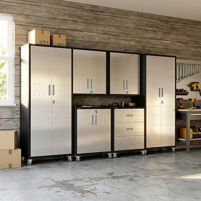 Garage Cabinet System | Heavy Duty Steel All-in-One Modular Garage Cabinet Set for Ultimate Workshop Organization | Easy Assembly Garage Storage Cabinets & Tool Bench