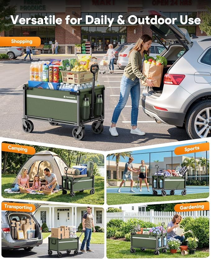 Collapsible Wagon Cart with Wheels, 220LBS for Grocery Shopping Camping | 110L Capacity Wagons Carts Foldable,220LBS Heavy Duty Wagon Carts, Lightweight Portable Utility Cart,All-Terrain Wheels