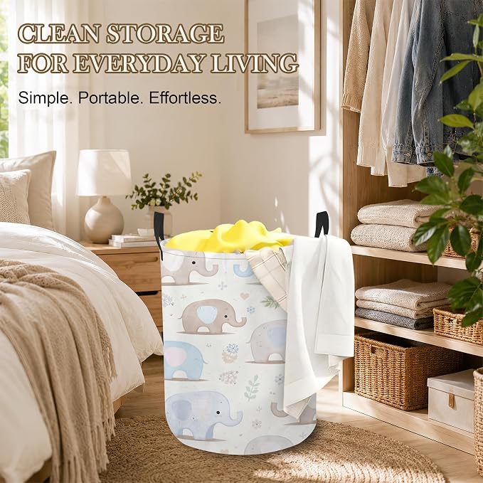 Baby Elephant Laundry Basket, Floral Leaves Collapsible Laundry Hamper Waterproof Oxford Cloth With Handles, Clothes Storage Bucket For Bathroom/Bedroom 16" x 20.8"