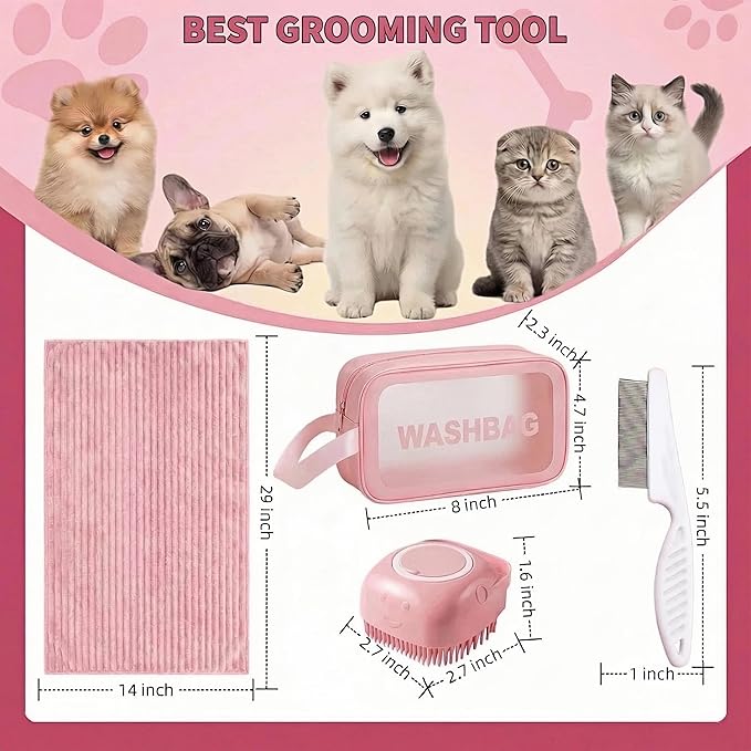 4PCS Dog Bath Kit & Dog Brush Kit - Professional Pet Grooming Tools Set for Dogs & Cats, Includes Shedding Brush, Bath Scrubber & Dematting Combs - Complete Dog Washing Essentials Pink