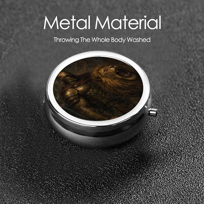 Medieval Knight and Lion Portable Pill Organizer | 3 Compartment, With Mirror, For Men Women, For Daily Supplements, Vitamins, Fish Oil, Jewelry, Candy, Travel
