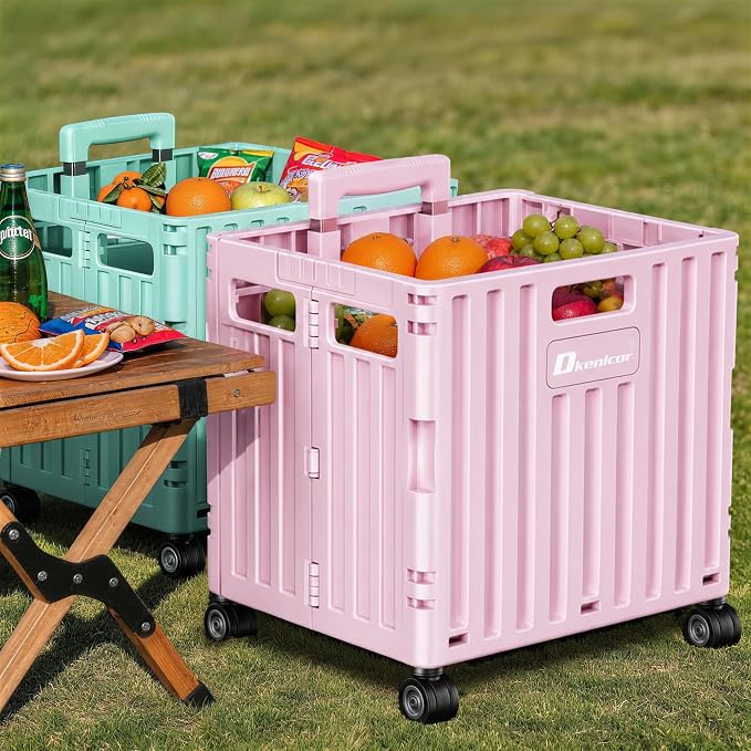 Folding Utility Cart with Lid, Portable Rolling Crate Handcart Collapsible Shopping Trolley, Durable Plastic Foldable Tool Basket with 4 Rotate Wheels for Grocery, Office, Luggage, School - Pink
