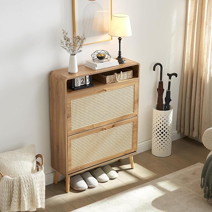 Rattan Shoe Cabinet with 2 Flip Drawers, 16 Pairs Narrow Shoe Storage Cabinet for Entryway Freestanding Hidden Shoe Rack, Modern Slim Wood Shoe Organizer for Hallway, Natural