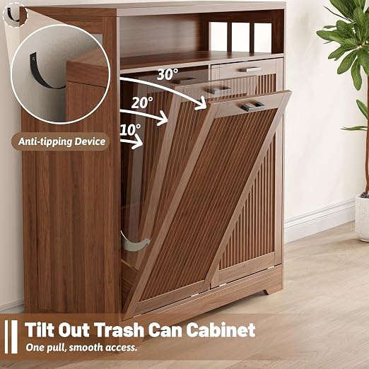 Pet-Proof Double 13 Gallon Tilt Out Trash Can Cabinet with Open Storage – Hide Garbage & Recycling Bins to Keep Your Kitchen Clean and Organized,Walnut