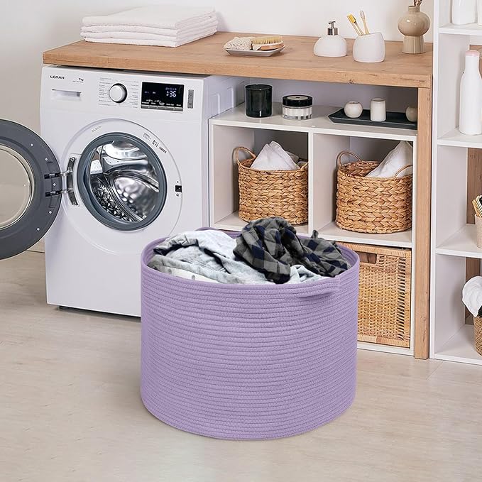Purple Rope Storage Basket, 22" X 14" Large Woven Baskets, Jumbo Floor Bin for Throw Blankets Pillows, Baby Laundry Basket, Dirty Clothes Organizer, Big Storage Bin for Toys, Towels