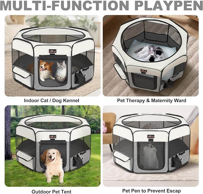 Aivituvin Dog Playpen Foldable Pet Play Pens with Carrying Bag for Cat, Puppies, Rabbits, Chickens, Durable Portable Pet Tent for Travel Camping Indoor/Outdoor Grey L