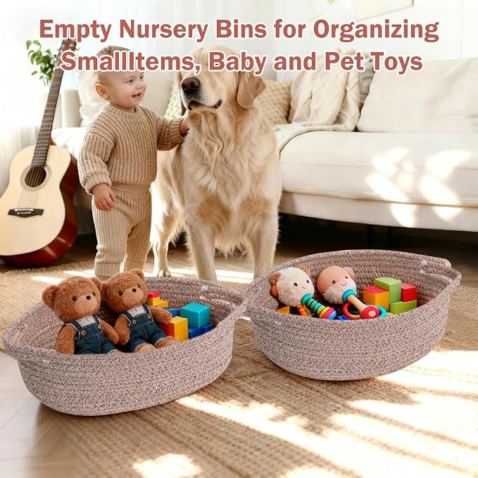 Small Basket with Gift Bags and Ribbons,Small Woven Basket Cute Oval Cotton Rope Gifts with Handle Empty Baby Wicker Storage for Baby Showers Pet Toy Bin (Brown, 2 Pack (12"x 8"x 3.74"))