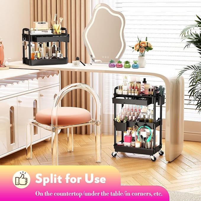 SUNALLY Makeup Cart Organizer with Drawer,3 Tier Rolling Makeup Cart, Black | Rolling Vanity Storage for Skin Care Perfume Nail Polish, Floor Skincare Organizers Cosmetics Display Bathroom Storage Cart