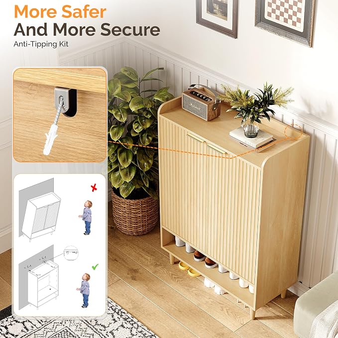 VINGLI Shoe Cabinet with Fluted Doors, 6 Tier Large Wooden Entryway Shoe Storage Cabinet with Adjustable Shelves,44.5" Tall Modern Freestanding Shoe Rack Organizer for Entryway, Hallway, Closet,Oak