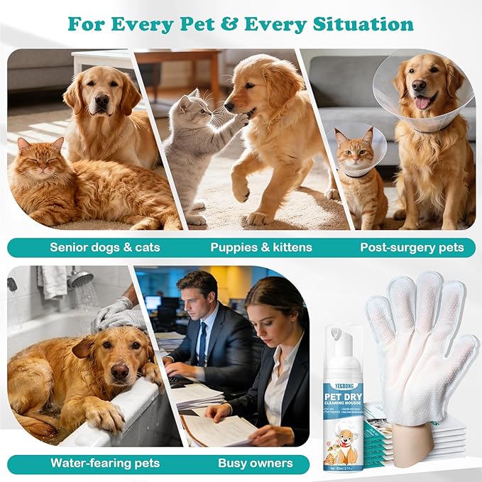 Pet Glove Wipes for Dogs & Cats, Travel-Friendly, with No-Rinse Foam Mousse for Enhanced Cleaning & Deodorizing, Extra Thick Hypoallergenic Design, Ideal for Large & Playful Puppies