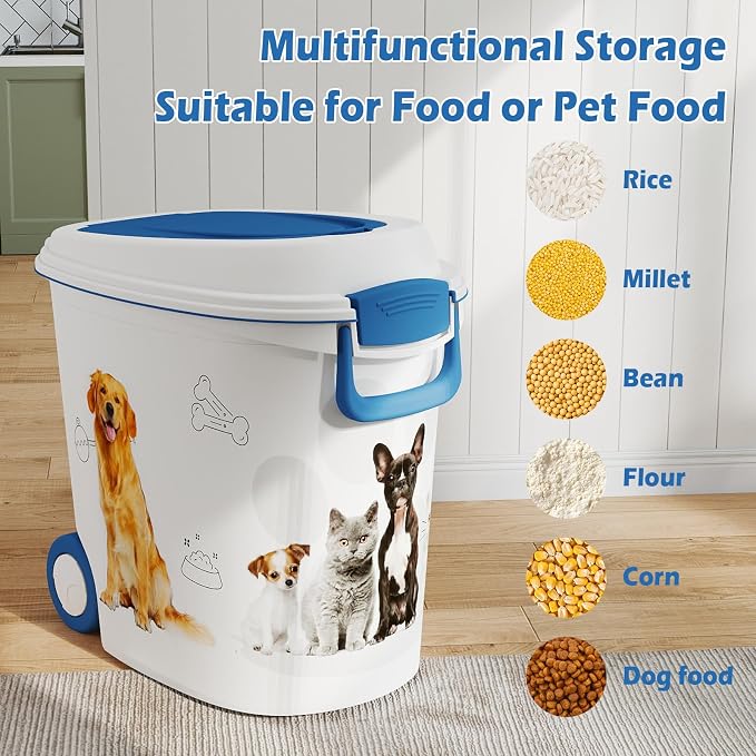 DRATO Cat Food Storage Container with Removable Wheels, Extra Large Capacity Sealed Lid Design for Easy Cleaning, Multi-Purpose Pet Food Container Bowl Scoop Included.